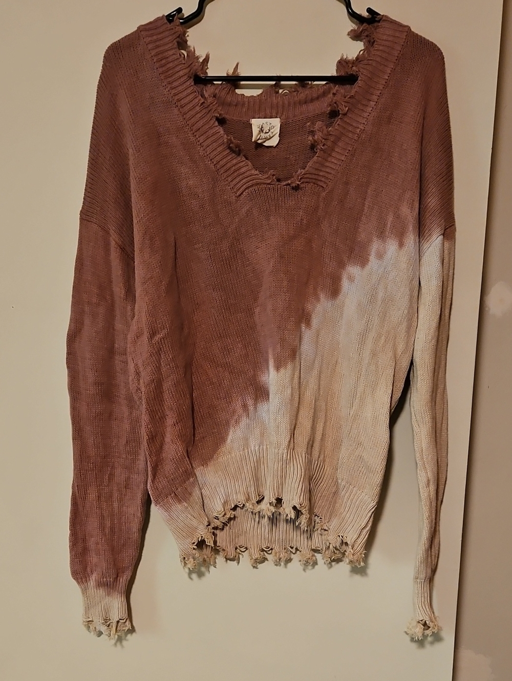 Fantastic Fawn Rust & Cream Distressed Dip-Dye V-Neck Sweater